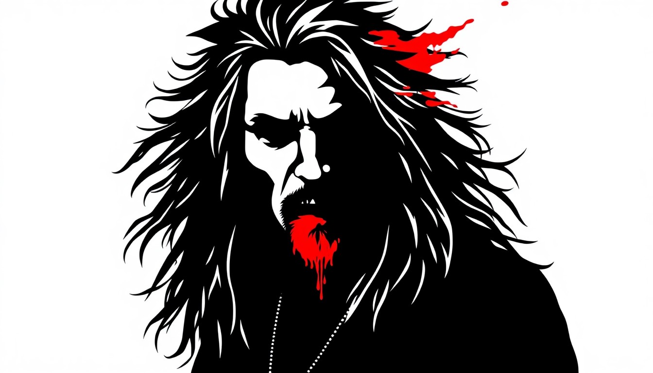 A dramatic black silhouette of a heavy metal singer's long hair and profile, with a single bold splash of red, conceptually representing the cancellation of a high-energy rock concert.