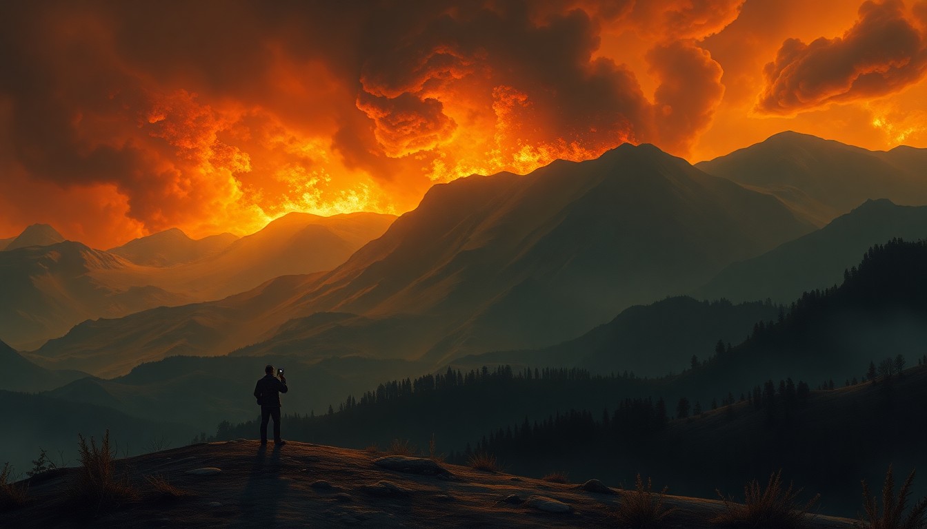 A sweeping, atmospheric landscape painting depicting a small news reporter figure dwarfed by the scale of a raging wildfire in the distance, conveying the raw power of nature.