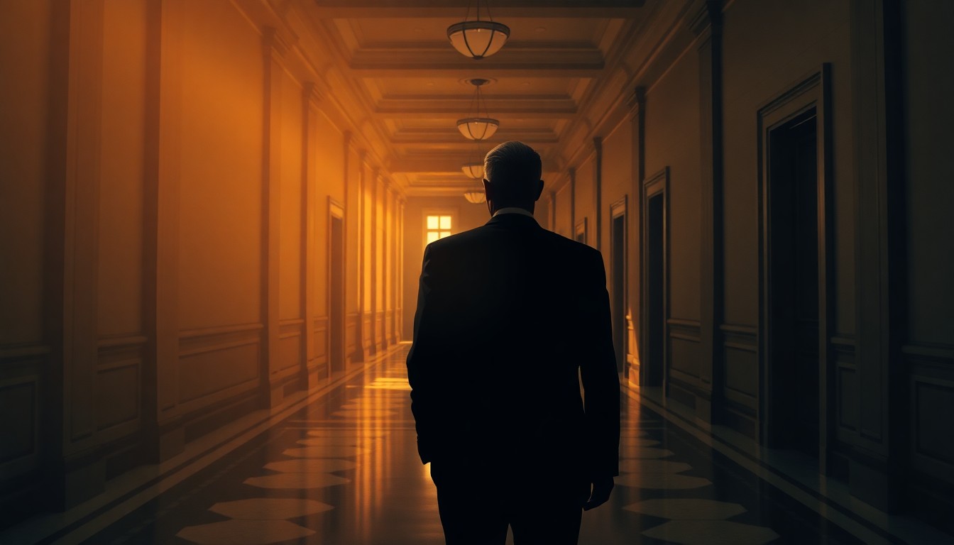 A somber, cinematic painting of a lone politician standing in an empty government building hallway, the warm light and deep shadows creating a pensive, introspective mood.