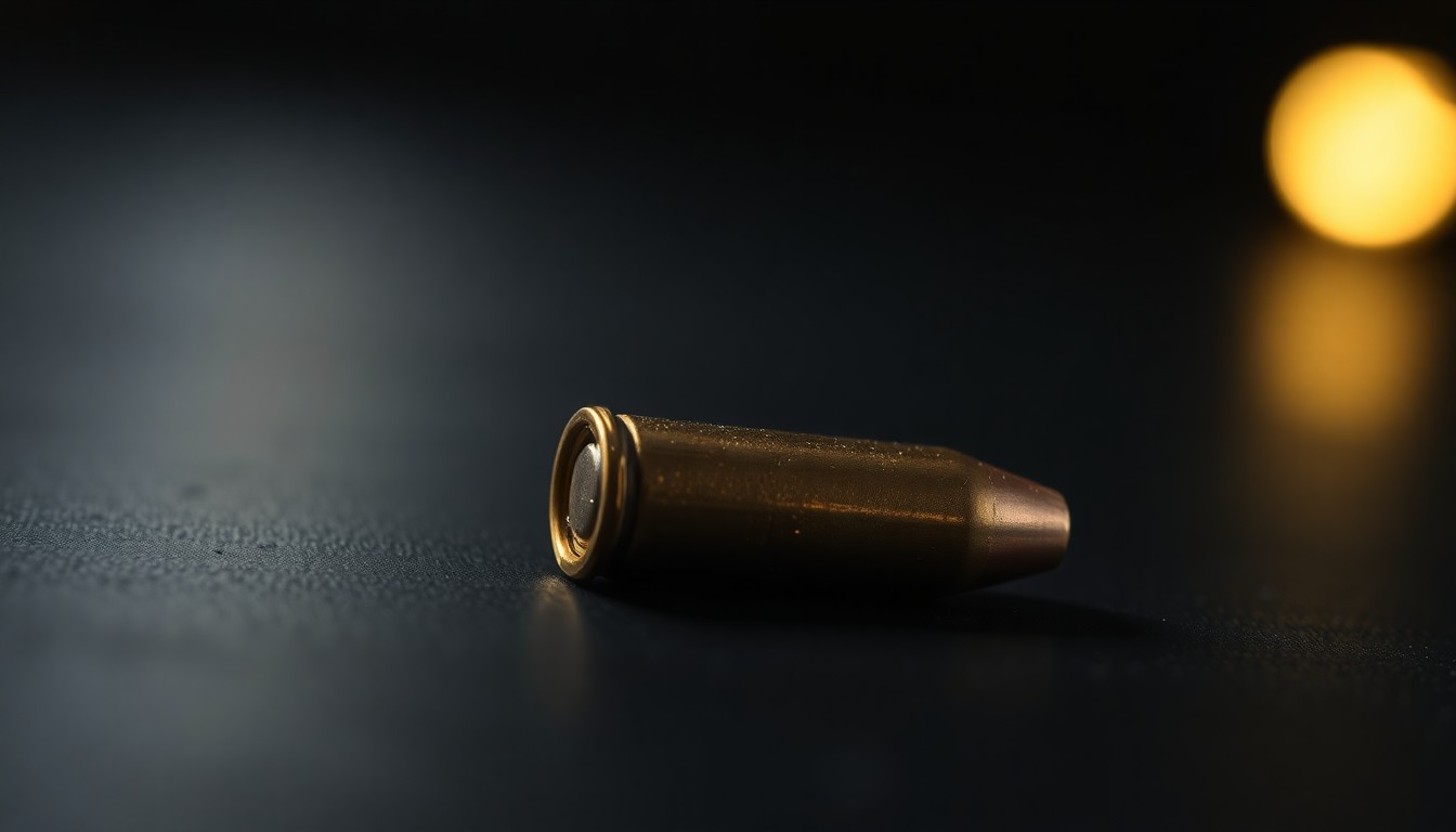 An extreme close-up photograph of a single spent bullet casing on a dark surface, conceptually illustrating the aftermath of a violent crime.
