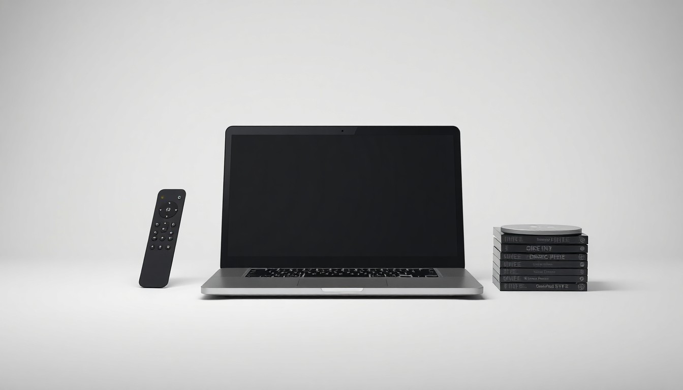 A minimalist studio still life photograph featuring a sleek laptop, a stylized streaming remote, and a stack of DVDs, symbolizing the technological and cultural shifts that have defined Netflix's journey from a DVD-by-mail service to a global streaming powerhouse.