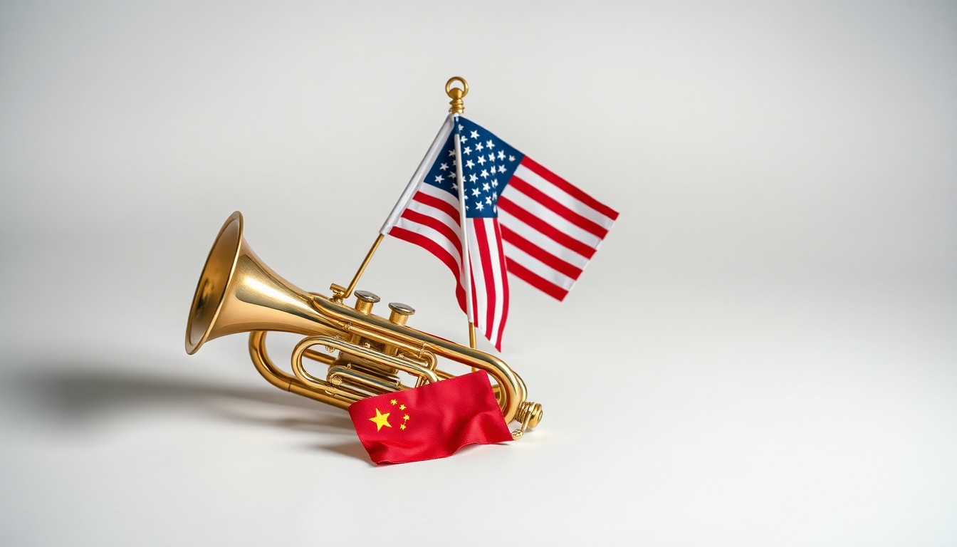 A photorealistic studio still life featuring a shiny brass musical instrument, a small American flag, and a crumpled 'Made in China' label, arranged elegantly on a clean, monochromatic background to symbolize the global trade forces impacting American manufacturing.