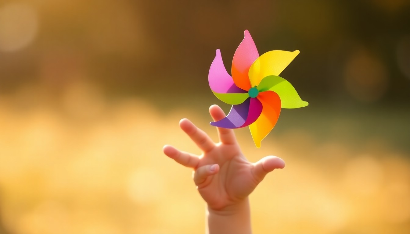 An abstract, out-of-focus photograph of a child's hand holding a colorful pinwheel, with the background blurred into soft, warm pools of light, conceptually representing the need to nurture and support children and families.