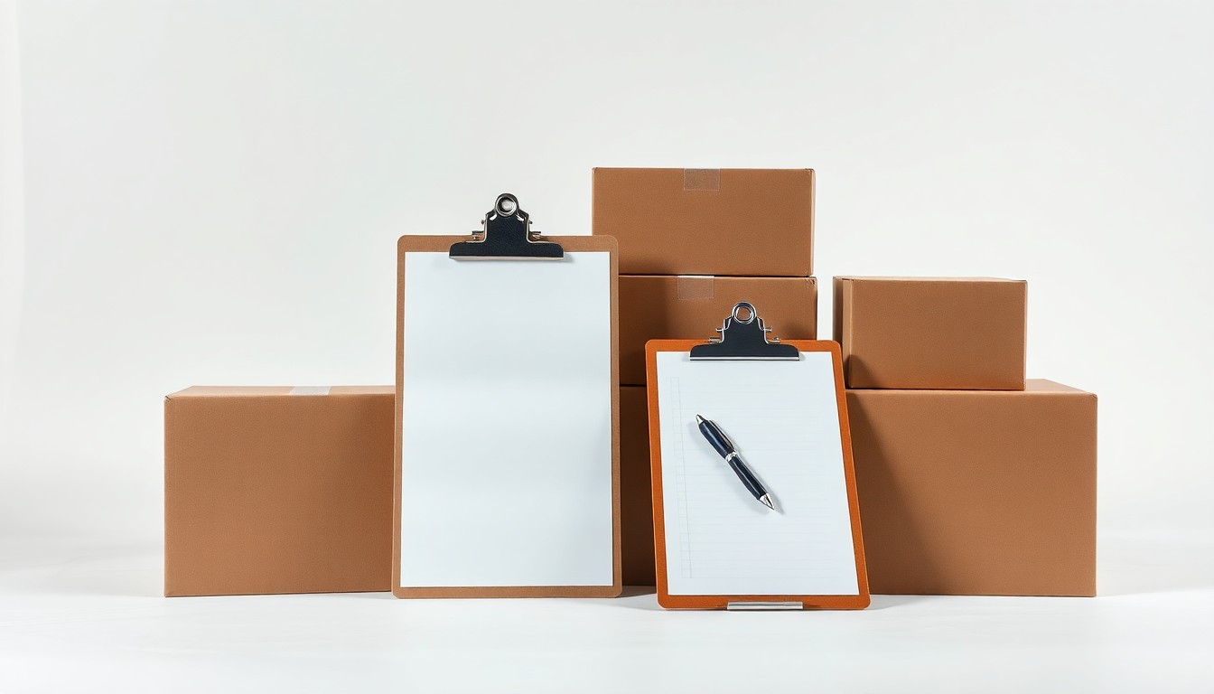 A photorealistic studio still life featuring a stack of cardboard boxes, a clipboard, and a pen arranged on a clean white background, conceptually representing the logistics and distribution work of the UNFI warehouse workers.