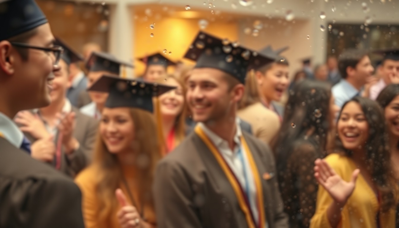 An abstract, impressionistic scene of blurred, colorful shapes and light, evoking the celebratory atmosphere of a school graduation ceremony.