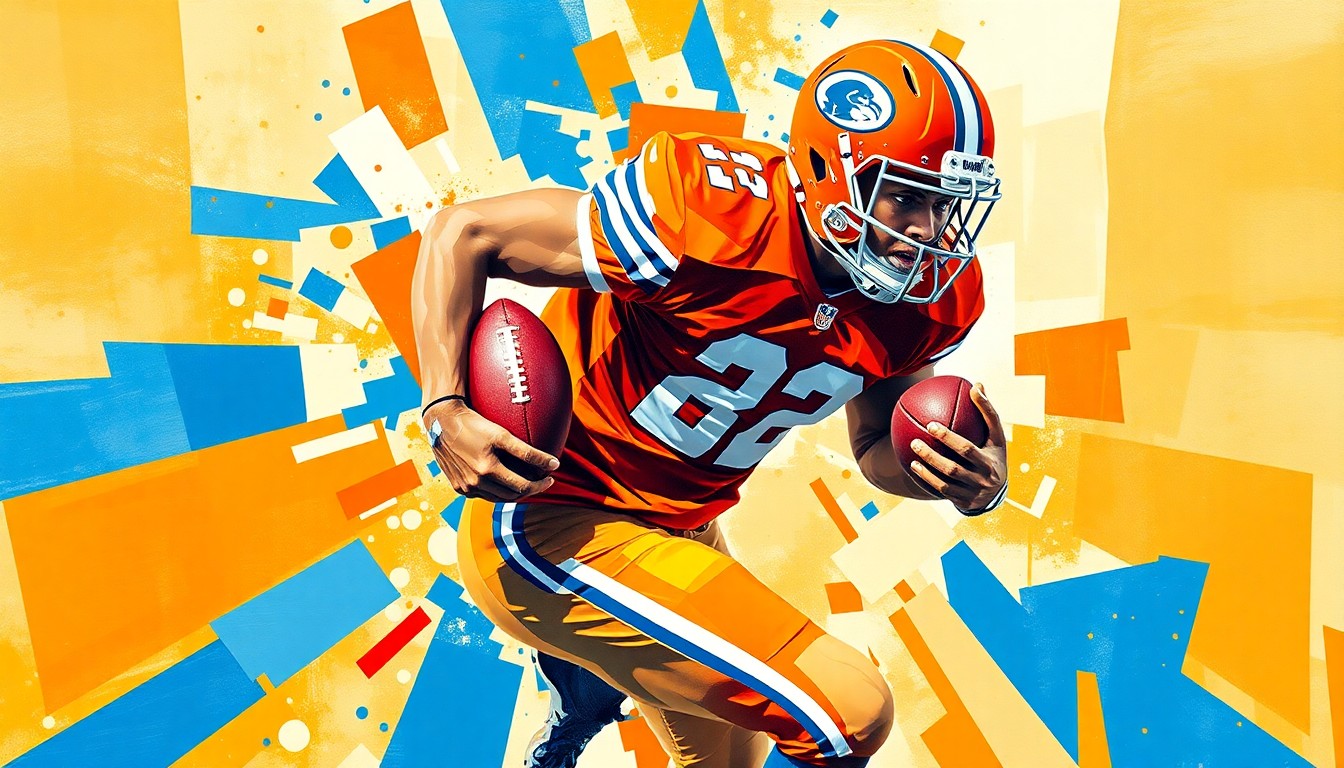 A cubist-style painting depicting a football player in motion, broken down into overlapping geometric shapes in shades of orange and blue.