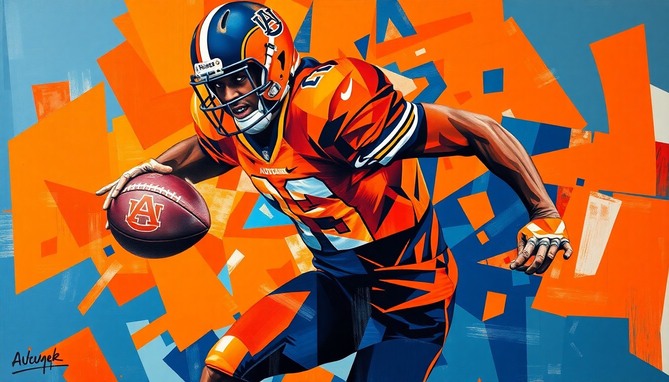 A fragmented, geometric painting in shades of orange and blue depicting a football player in motion, the figure broken down into sharp, overlapping planes to create a sense of dynamic energy and movement.