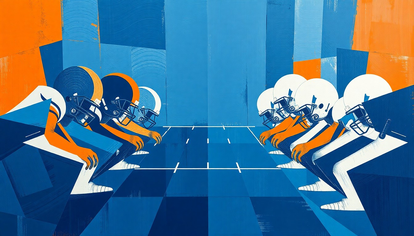 A cubist, geometric painting depicting an abstract offensive line formation, with sharp, overlapping planes in navy, orange, and white representing the power and intensity of the unit.