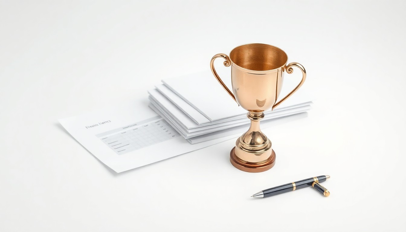 A minimalist studio photograph featuring a polished metal trophy, a stack of business documents, and a pen arranged on a clean, white background, symbolizing corporate achievement and leadership.