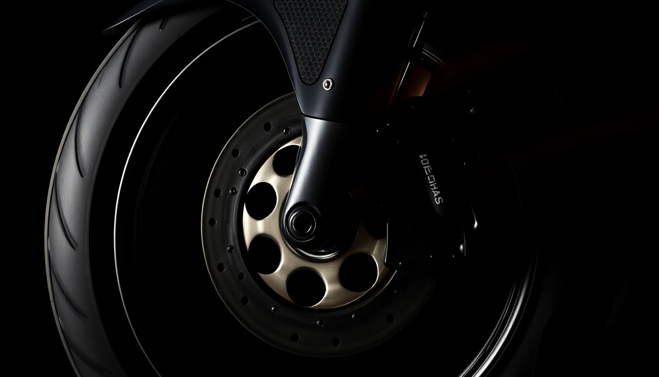 An extreme close-up photograph of a motorcycle's damaged brake caliper and wheel rim, conceptually illustrating the aftermath of a high-speed crash.