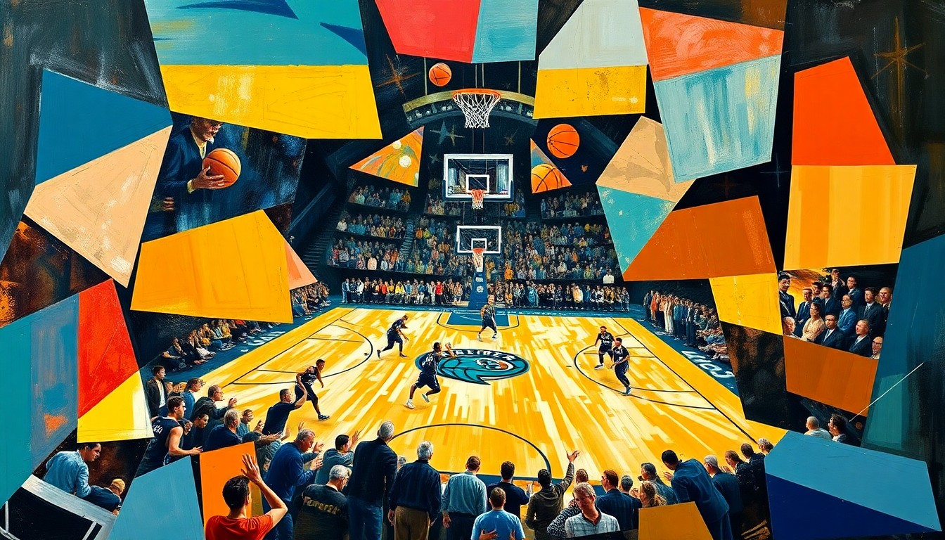 A cubist-style painting depicting a basketball game, with the players and court broken down into sharp, overlapping geometric shapes and planes in a variety of vibrant colors, capturing the intensity and energy of the competition.