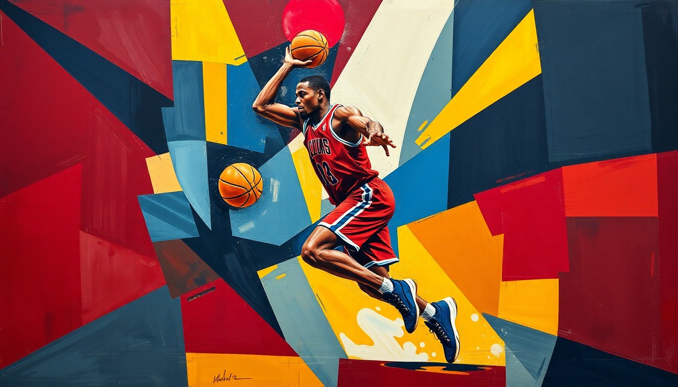 A cubist-style painting depicting a basketball player in motion, broken down into sharp, overlapping geometric shapes in shades of red, blue, and yellow, conveying the complex decision facing the Cleveland Cavaliers regarding their star player Donovan Mitchell.
