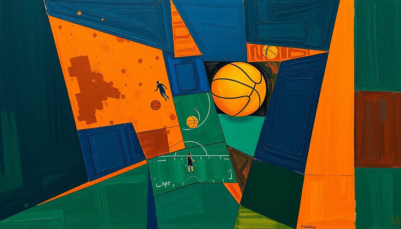 A fragmented, cubist-style painting depicting a basketball game or match, with sharp geometric shapes and planes in navy, orange, and green, conveying the conceptual uncertainty and fragmentation surrounding a key player's future with the team.