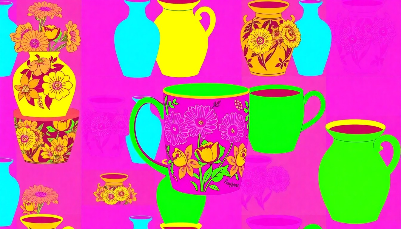 A high-contrast silkscreen print of a colorful ceramic mug or vase repeated in a grid pattern, capturing the pop art aesthetic and lifestyle focus of the spring gift guide.