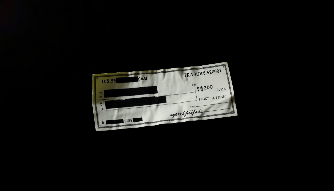 An extreme close-up photograph of a crumpled, partially redacted U.S. Treasury check against a pitch-black background, conceptually illustrating the theft of government funds.