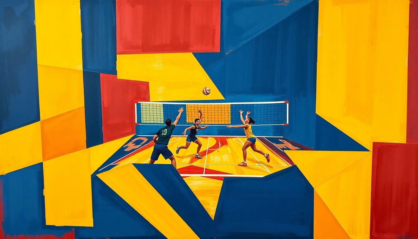 A fragmented, geometric painting depicting the dynamic action and competitive spirit of a volleyball match, with sharp planes of navy, red, and yellow hues.