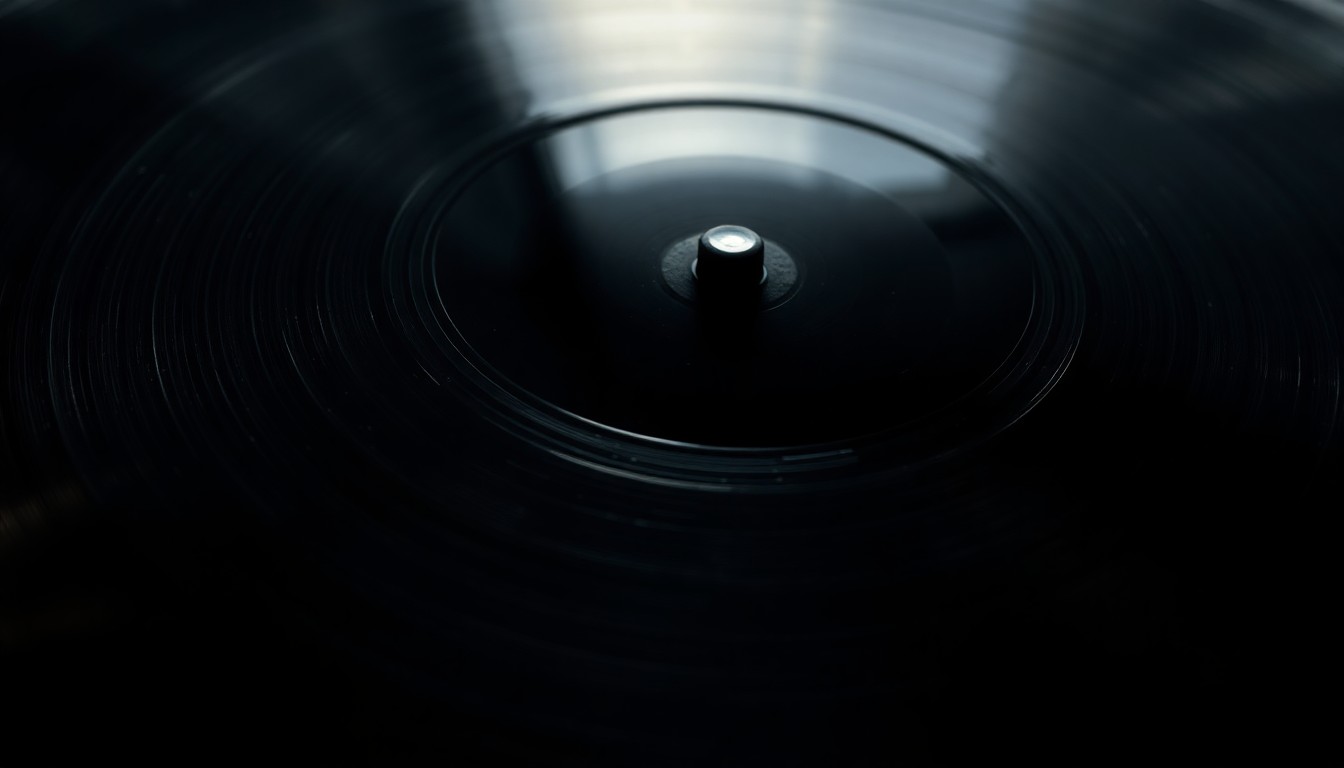An extreme close-up photograph of the grooved, reflective surface of a black vinyl record, capturing the intricate textures and details in dramatic high-contrast lighting to conceptually represent the widespread influence of Black music.