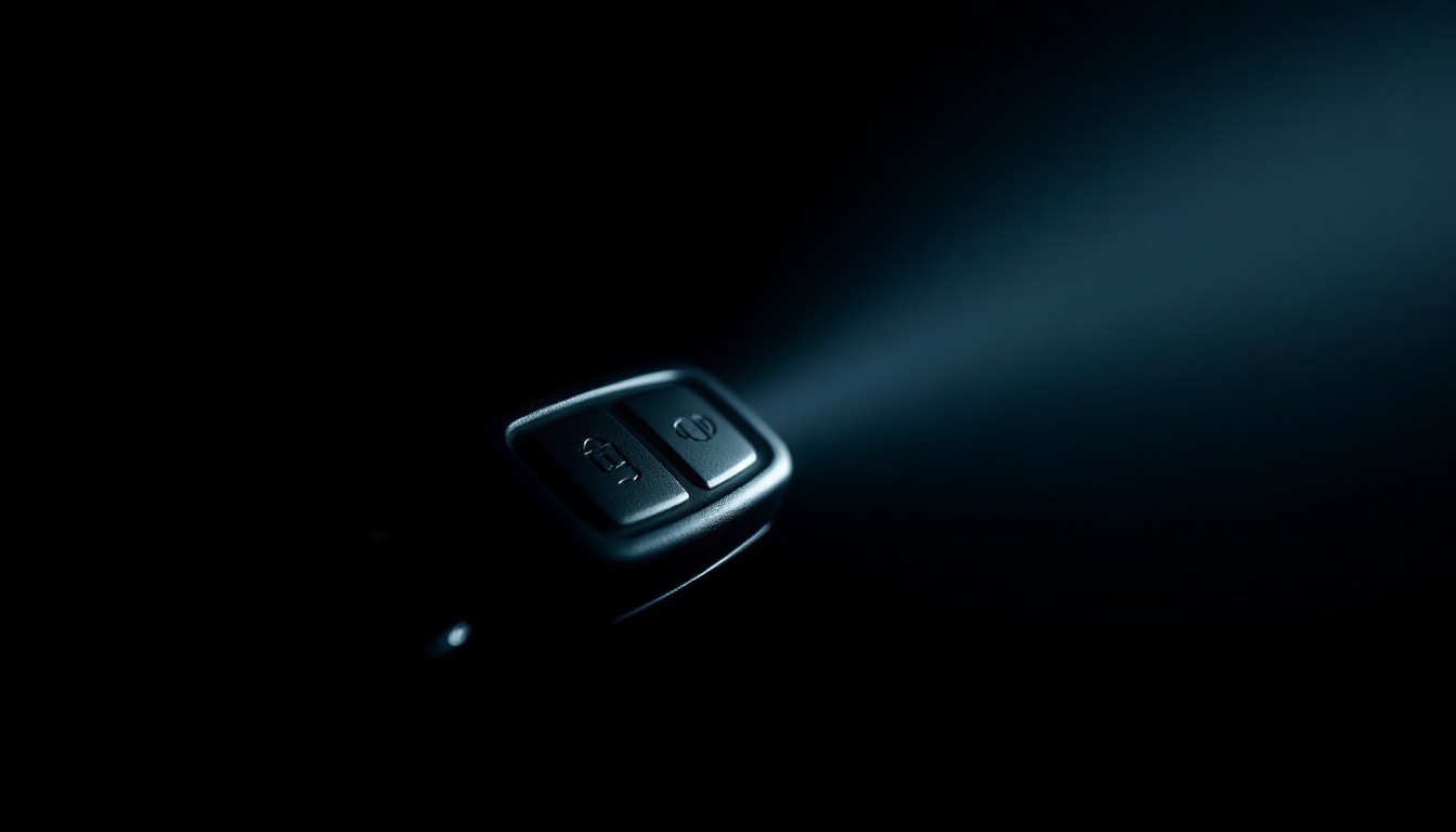 An extreme close-up photograph of a car key fob, its metallic surface reflecting the harsh light of the camera flash, conveying the serious and gritty nature of impaired driving enforcement.