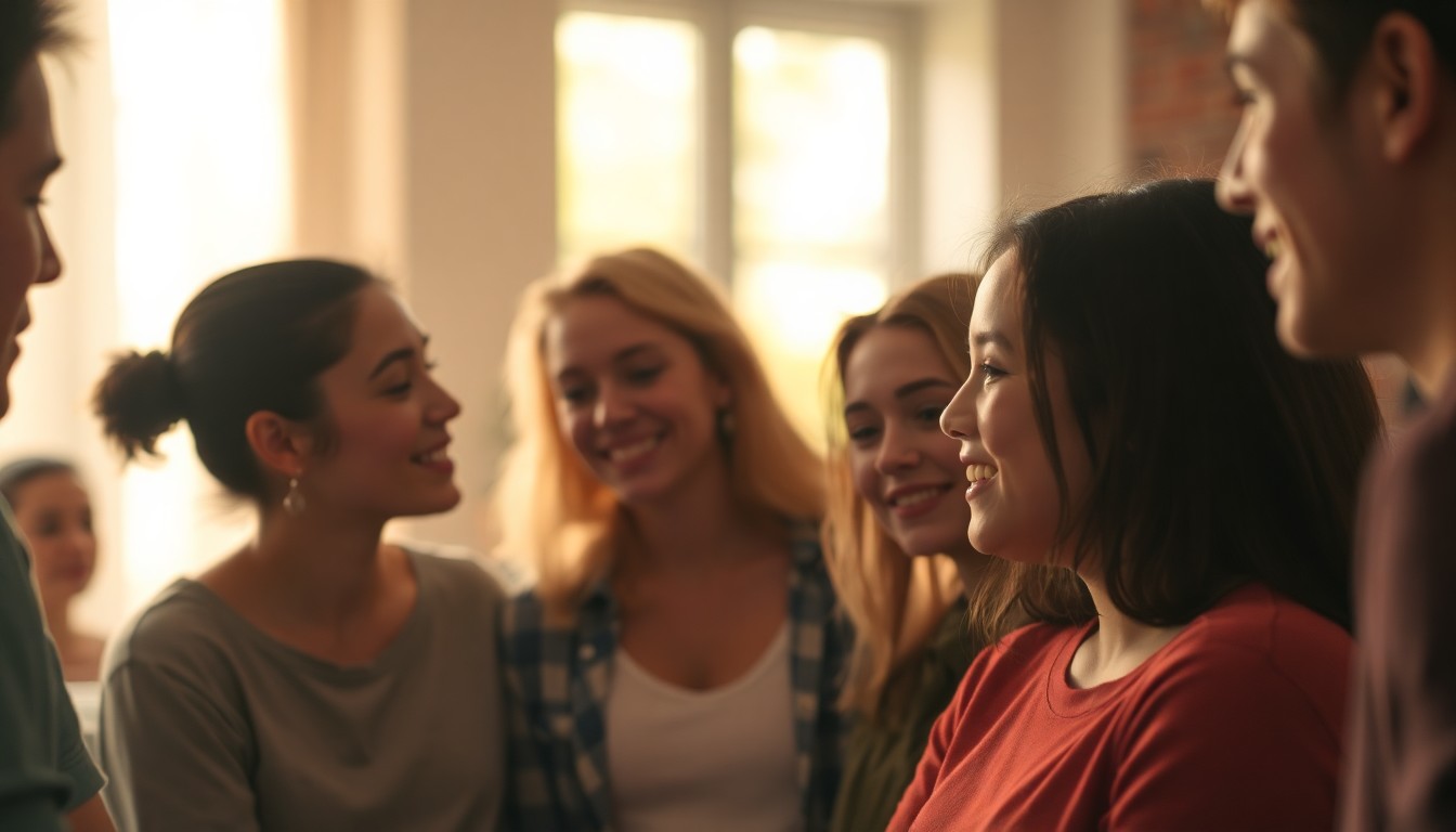 An abstract, out-of-focus photograph depicting a group of young people in conversation, their faces and forms blurred in a soft wash of warm, vibrant colors, conceptually representing the inclusive and supportive environment of the EMPOWERED Expo.