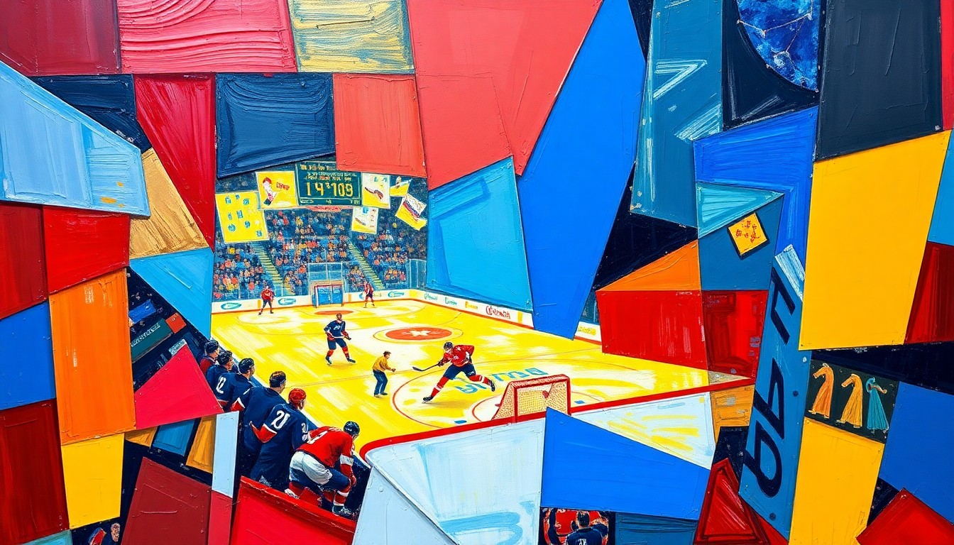 A cubist, geometric painting depicting a hockey game or match, with sharp, overlapping planes of color representing the dynamic action on the ice.