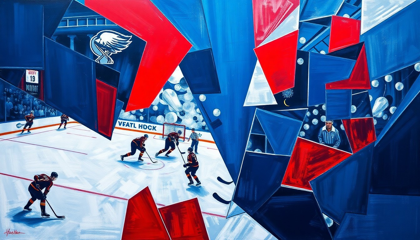 A cubist, geometric painting depicting a hockey game or match, with sharp planes of navy blue, crimson red, and metallic silver representing the various Eastern Conference playoff teams and their competitive spirit.