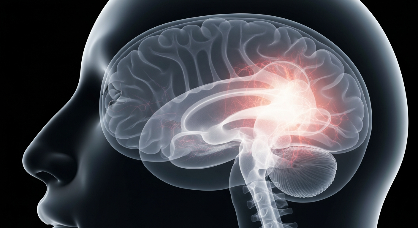 An ethereal, translucent X-ray image showing the delicate structures of the human brain and nervous system, conveying the medical complexities of rare genetic disorders.