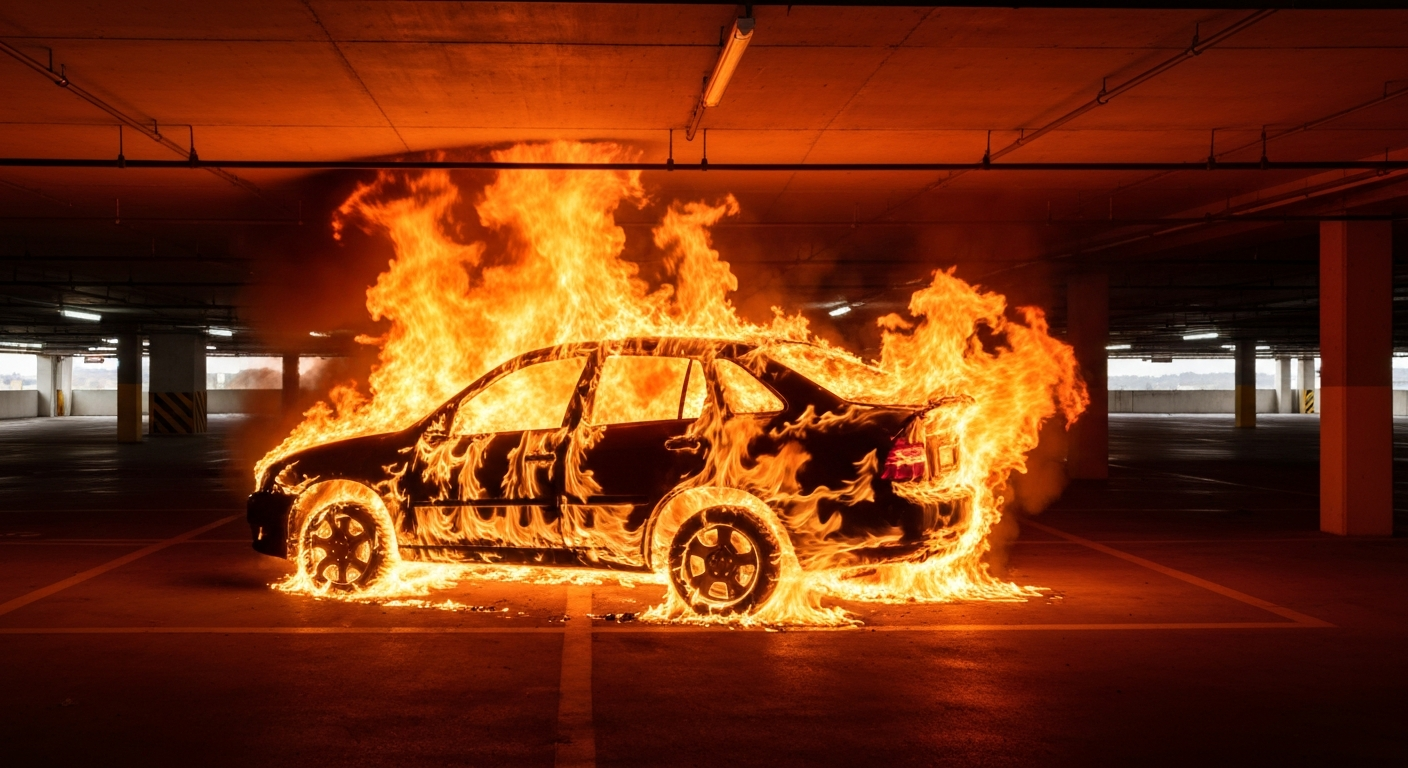 An abstract, impressionistic image of a burning vehicle in a parking garage, with the car's shape obscured by vibrant streaks of orange, yellow, and red flames, conveying the chaos and danger of the fire through the use of dramatic motion blur.
