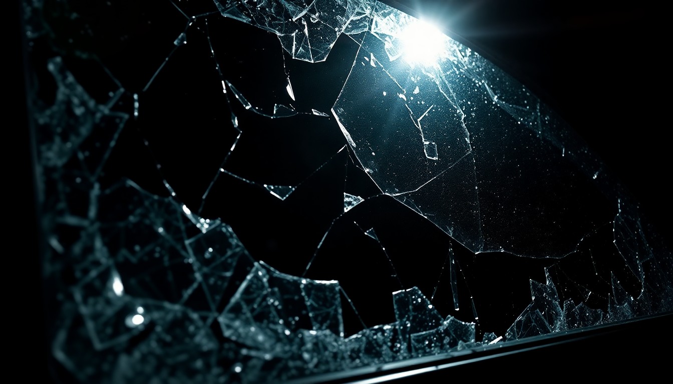 An extreme close-up photograph of shattered glass, the harsh lighting and dark background creating a stark, gritty aesthetic that conceptually represents the investigation into a recent act of violence in the Federal Hill community.
