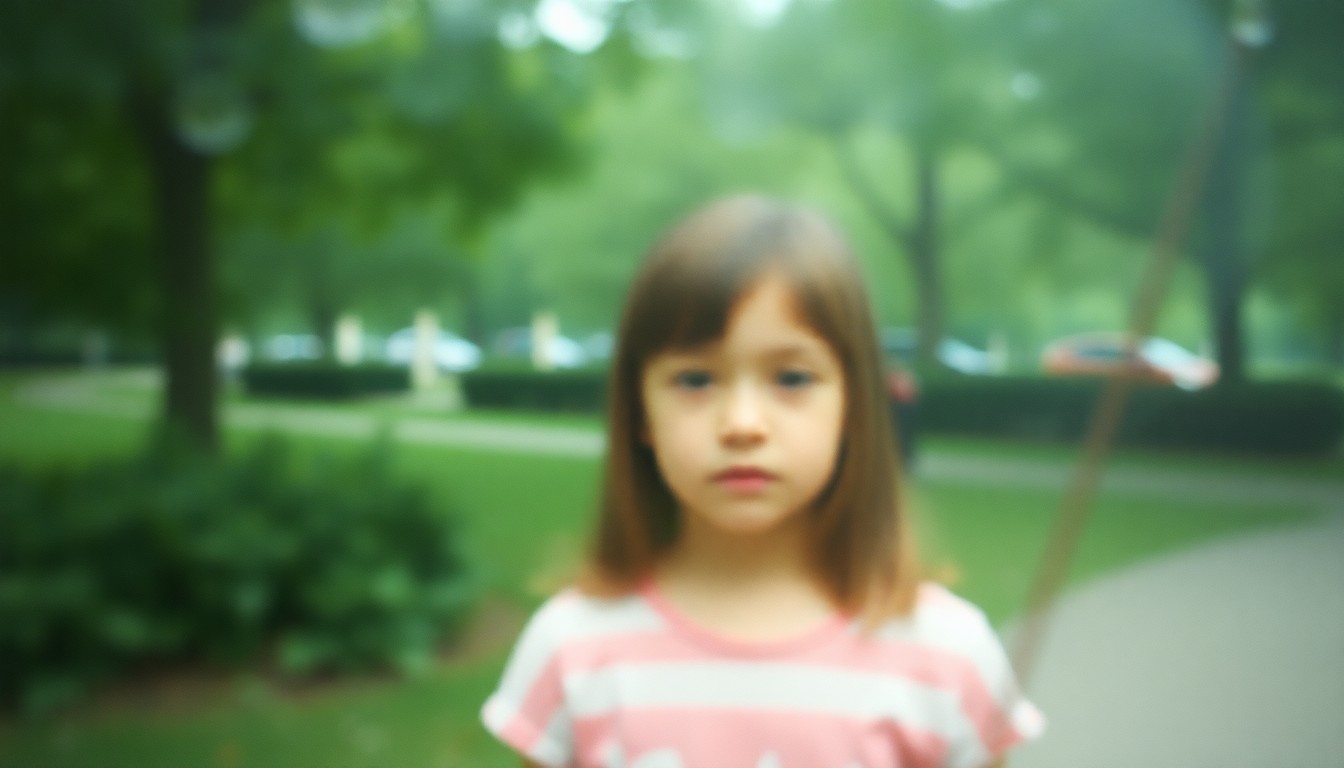 An extremely blurred, atmospheric photograph showing the faint outline of a young girl holding a litter-picking stick in a park setting, surrounded by soft, out-of-focus greenery and natural light.