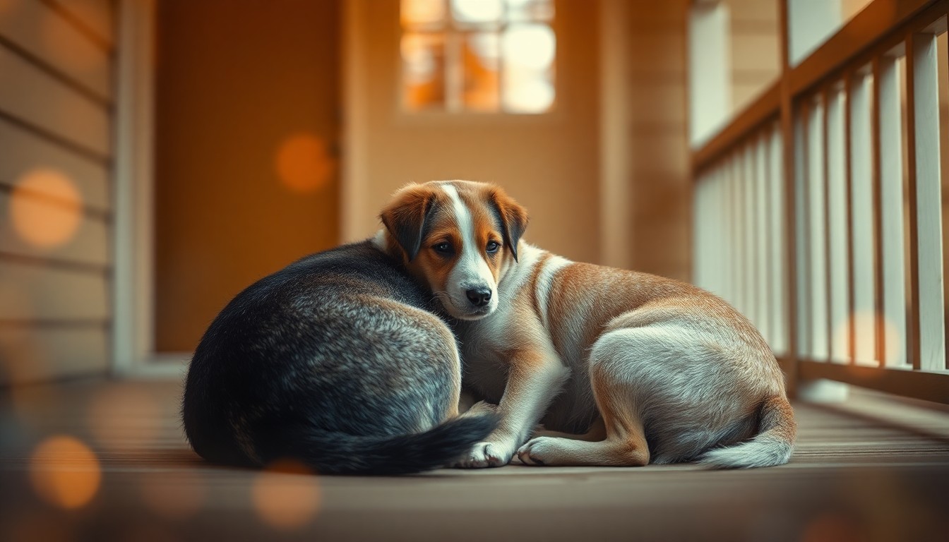 An extremely abstracted, out-of-focus photograph of two dogs cuddled together on a porch, surrounded by soft, warm pools of light and color, conveying a sense of tenderness and vulnerability.