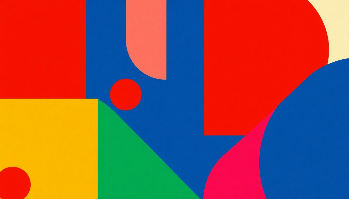 A geometric abstract illustration using bold shapes and primary colors to conceptually represent the disconnect between corporate productivity gains and consumer purchasing power driven by AI-enabled automation.