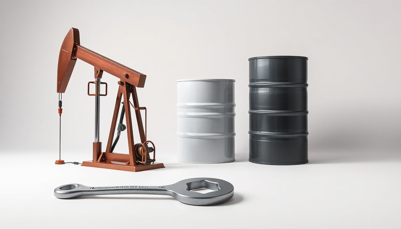 A minimalist, photorealistic studio still life featuring polished metal oil equipment arranged elegantly on a clean background, conceptually representing the complex energy infrastructure and supply chains that underpin the global economy.