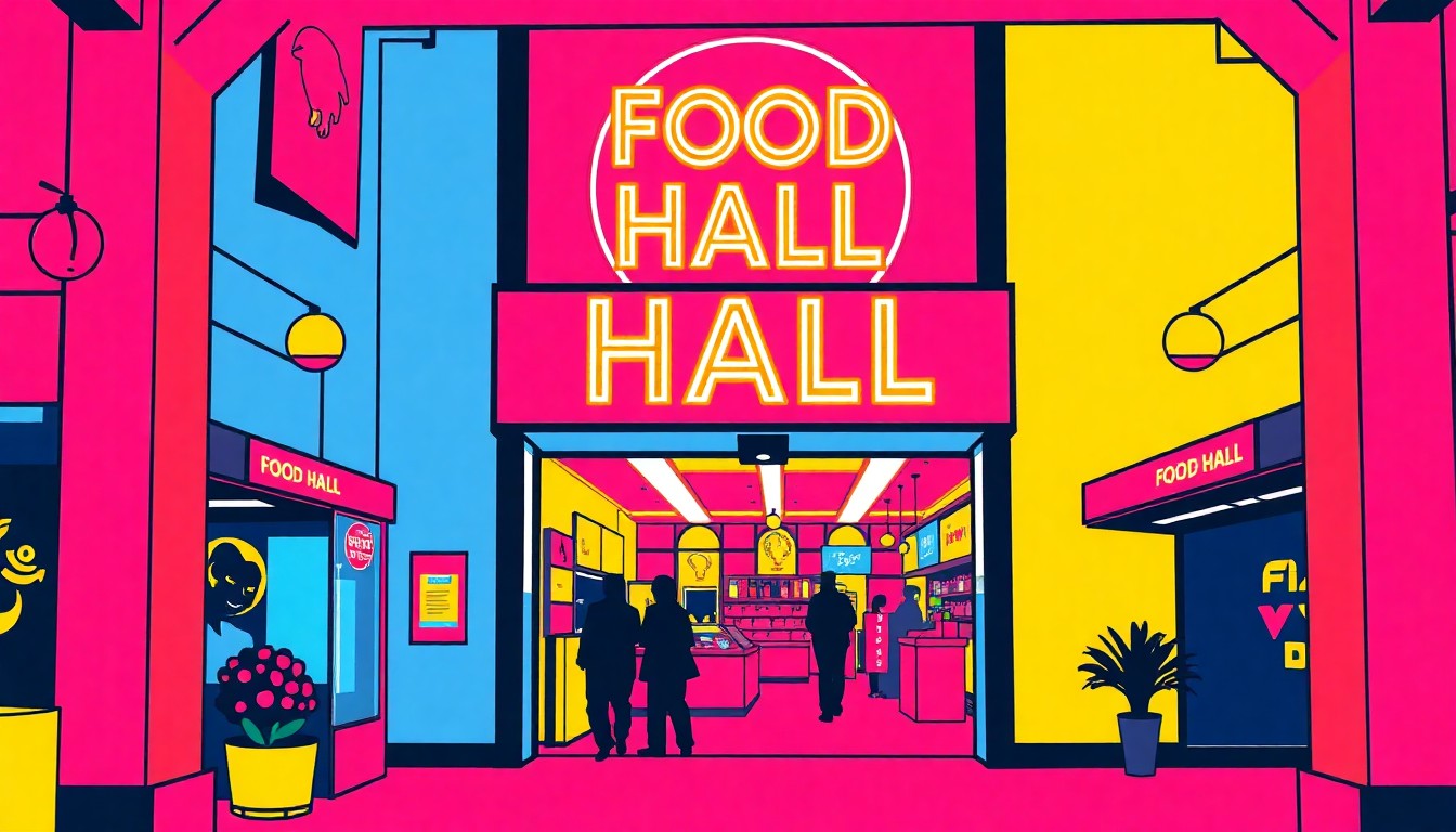 A brightly colored, high-contrast silkscreen print of a stylized food hall entrance with an abstract, neon-tinged sign, conceptually representing the closure and reimagination of a community dining destination.