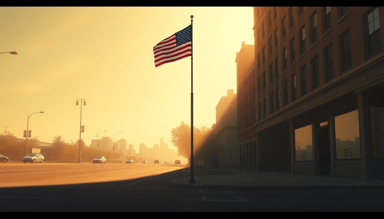 A serene, photorealistic painting of an American flag pole standing alone on a deserted city street, the pole's shadow stretching across the pavement in the warm, angled sunlight, conveying a sense of solemnity and nostalgia.