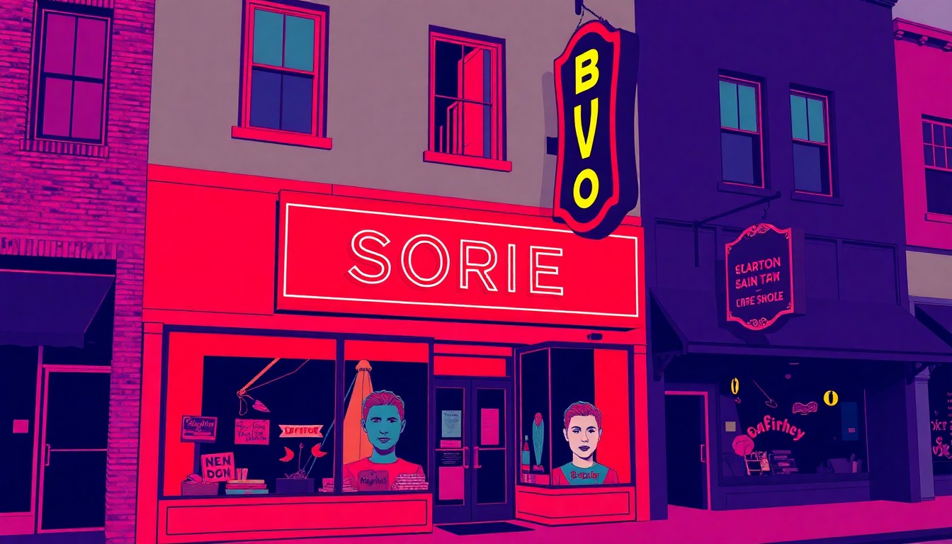 A brightly colored, high-contrast silkscreen print of a classic 1950s-style neon sign on a downtown storefront, repeated in a tight grid pattern to capture the vibrant energy and character of a small-town main street.