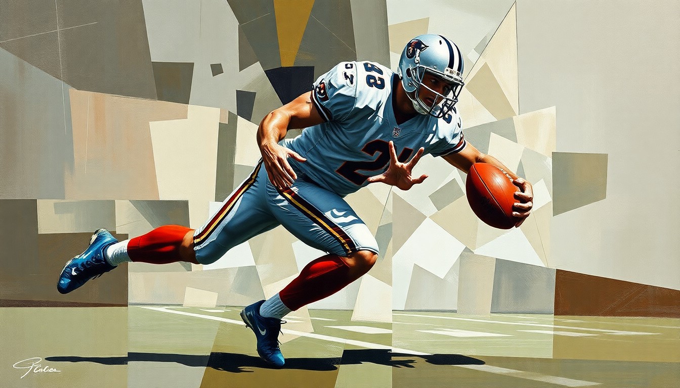 A cubist-style painting depicting a football player in mid-tackle, their form broken down into sharp, overlapping geometric shapes and planes of color, conveying the dynamic motion and physicality of the sport.