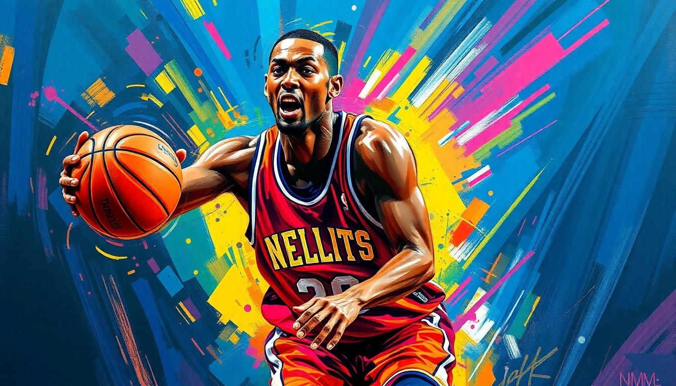 An abstract, expressionist painting in neon colors, with rapid brushstrokes conveying the intense competitive energy of a basketball player.