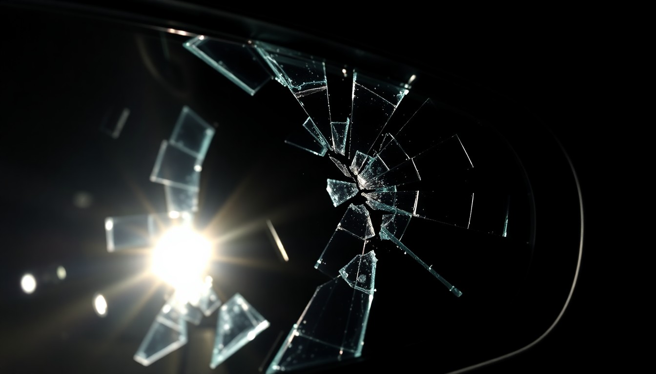 An extreme close-up photograph of a car's broken side mirror, the shattered glass reflecting the harsh glare of a camera flash against a pitch-black background, conveying a sense of chaos and danger.