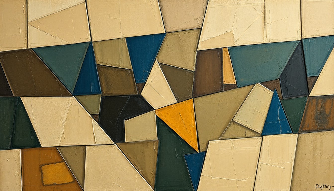 A cubist-style painting featuring fragmented geometric shapes in muted earth tones and deep blues, conceptually representing the multi-faceted nature of a sports media scandal.