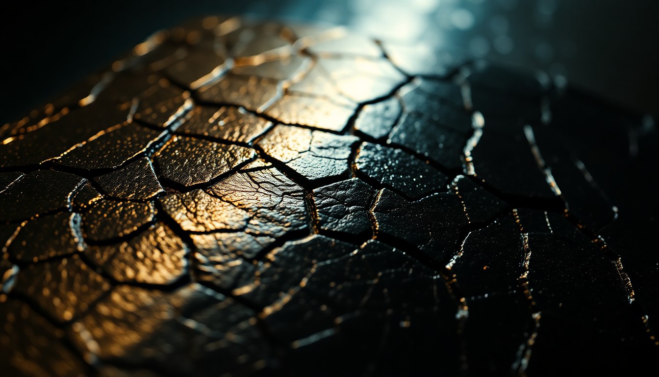 An extreme close-up photograph of a textured, cracked black leather surface, dramatically lit to create a high-contrast, glamorous aesthetic that conceptually represents the gritty action of Bob Odenkirk's new film.