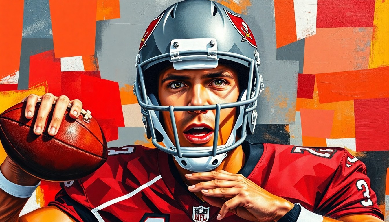 A cubist, geometric painting depicting a football quarterback in fragmented, overlapping shapes and planes, using the Buccaneers' team colors of red, pewter, and orange.