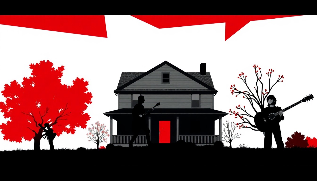 A bold, abstract illustration featuring stark black silhouettes and geometric shapes in high-contrast red and white, conceptually representing the historical significance of George Harrison's visit to this small-town home before the Beatles became worldwide icons.