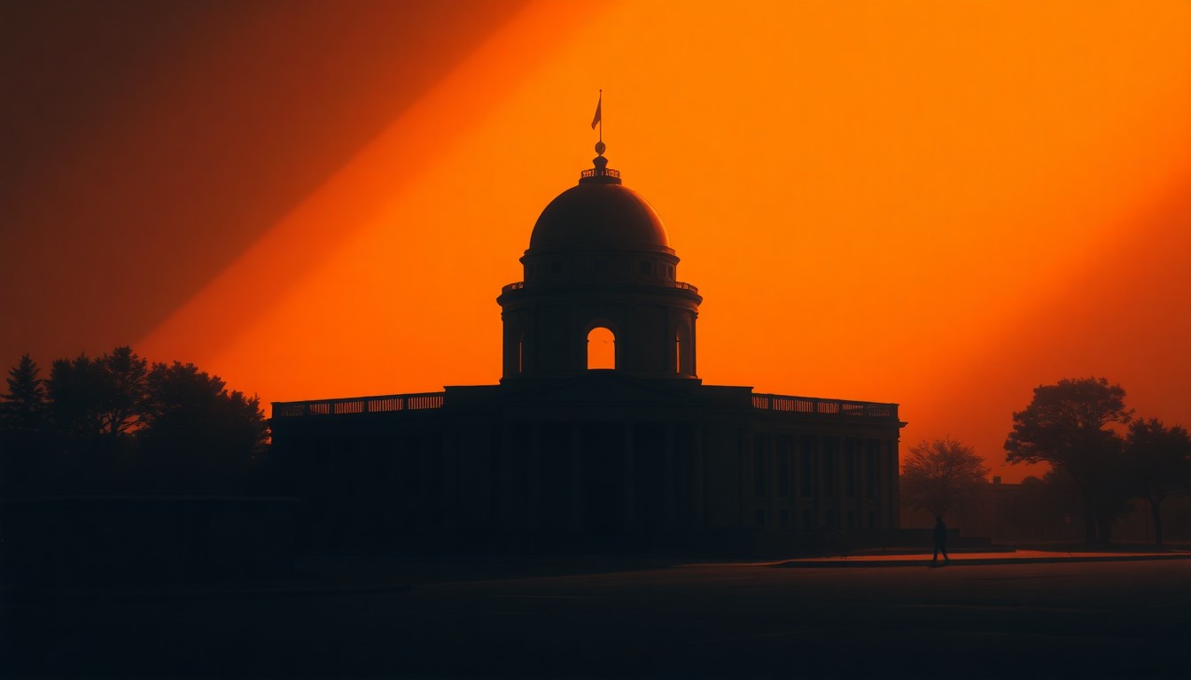 A dimly lit, cinematic painting of a government building or surveillance camera, with warm sunlight casting dramatic shadows across the facade, conveying a sense of quiet tension and unease around the surveillance program.