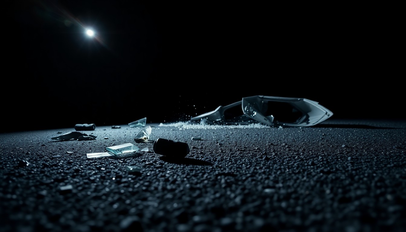 An extreme close-up photograph of car debris, glass shards, and skid marks on the asphalt, creating a stark, gritty, investigative aesthetic.