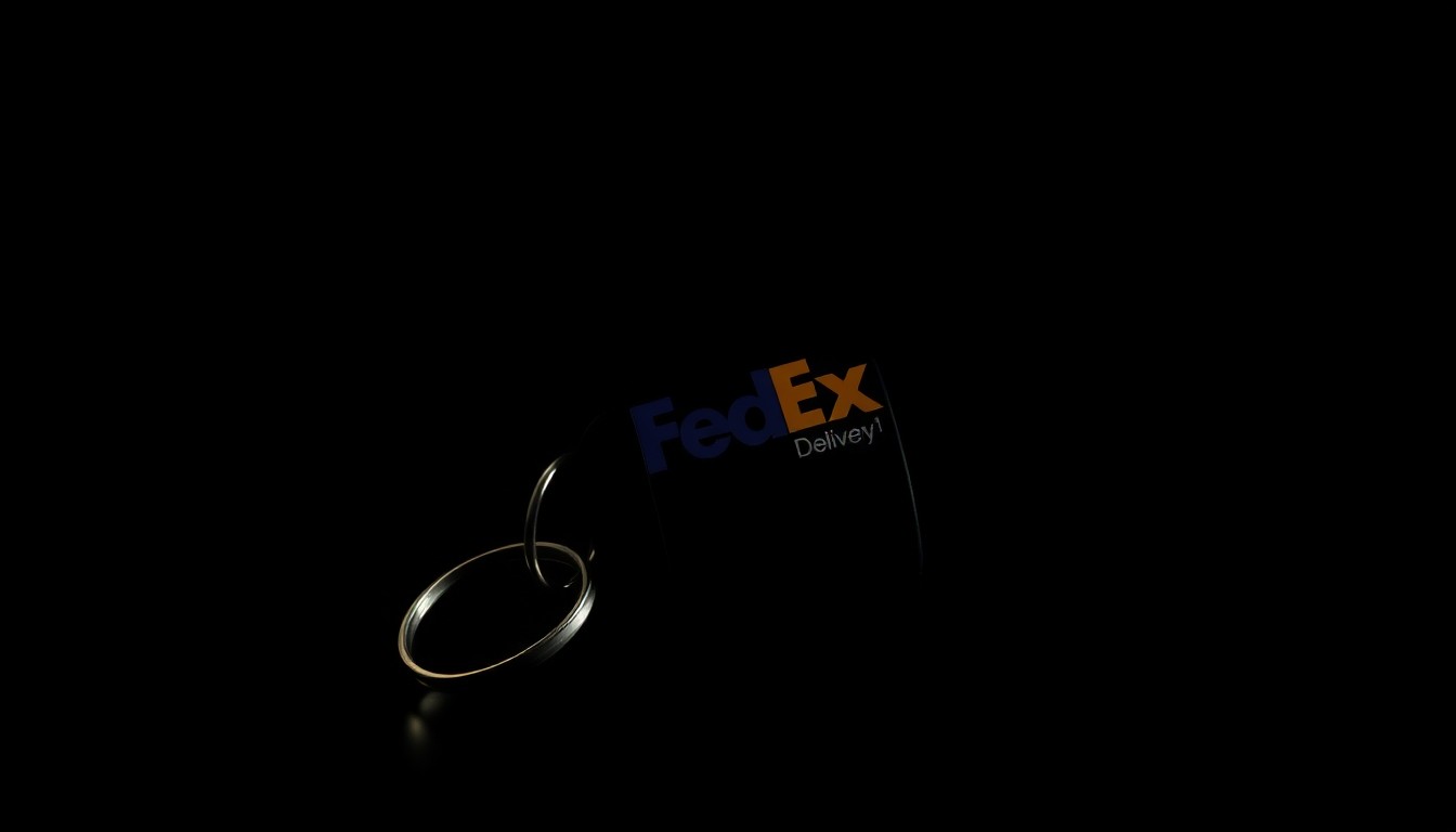 An extreme close-up photograph of a FedEx delivery van key fob against a pitch-black background, lit by a harsh, direct camera flash, conceptually representing the tools used in a heinous crime.