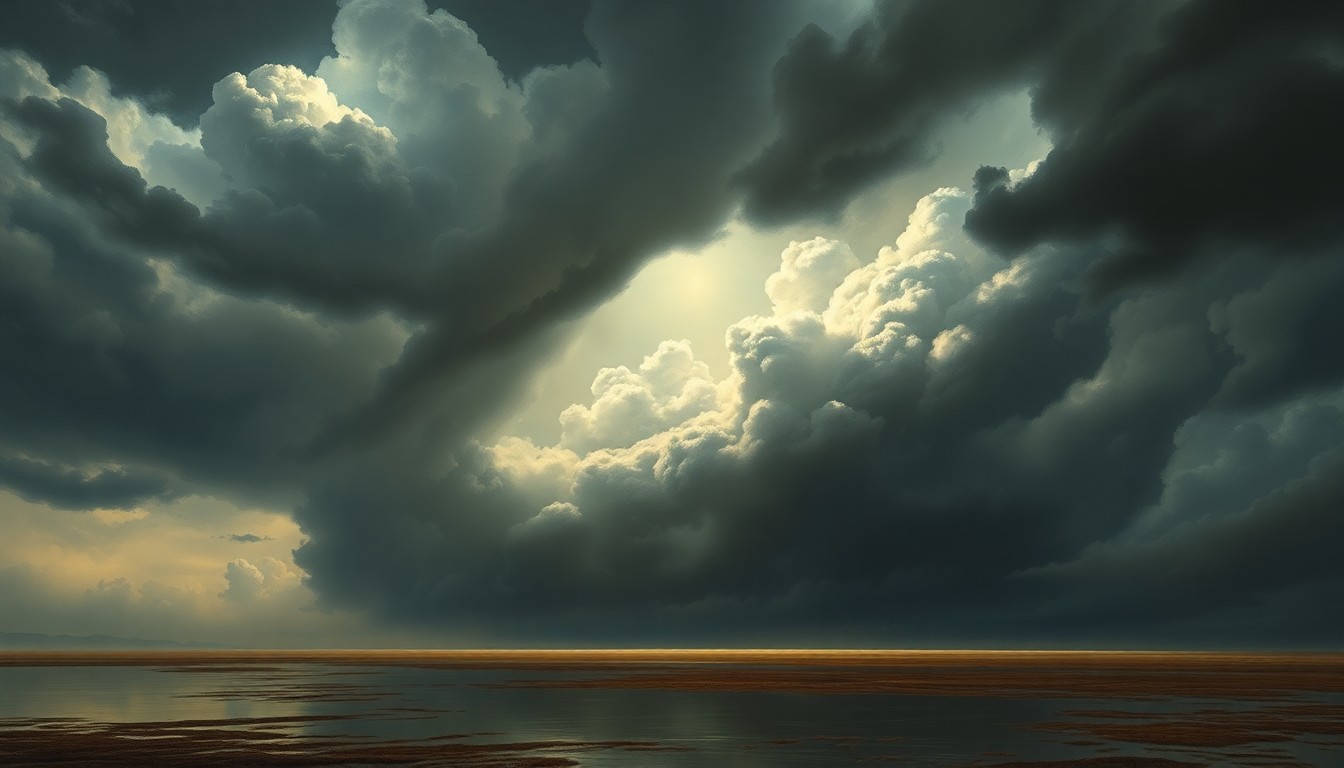 A sweeping, atmospheric landscape painting in muted tones of grey, blue, and gold, depicting a vast, stormy sky looming over a flat, flooded plain, with any physical structures or objects dwarfed by the overwhelming natural forces.