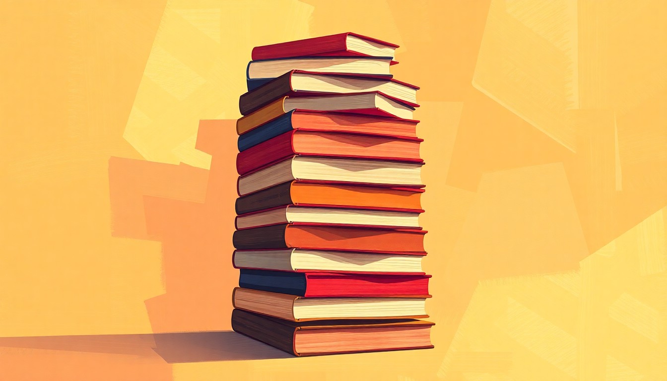 A fractured, abstract painting of a stack of books in overlapping geometric shapes and warm colors, conveying the idea of political manipulation of book sales.