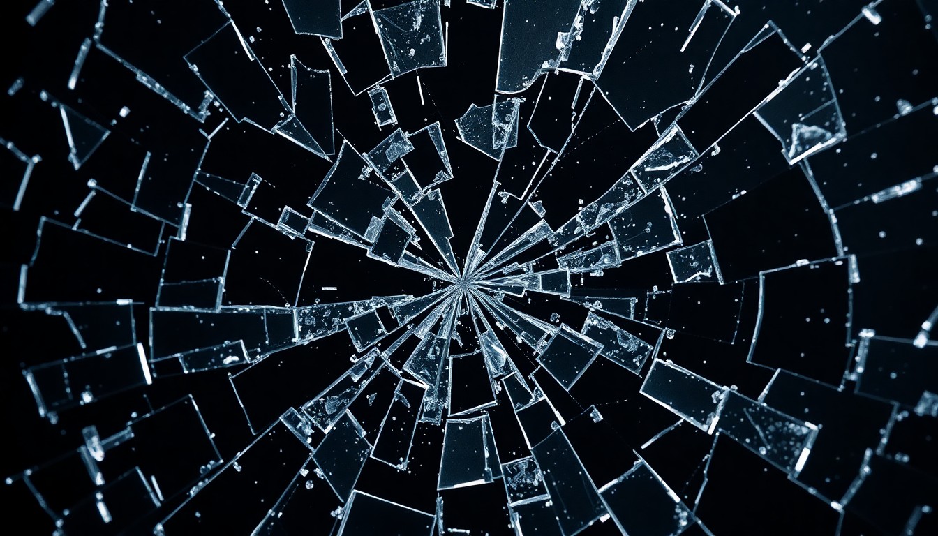 An abstract close-up image of shattered glass and cracked film negatives, captured in dramatic high-contrast studio lighting to convey a sense of fragmentation and disruption within the Marvel creative teams.