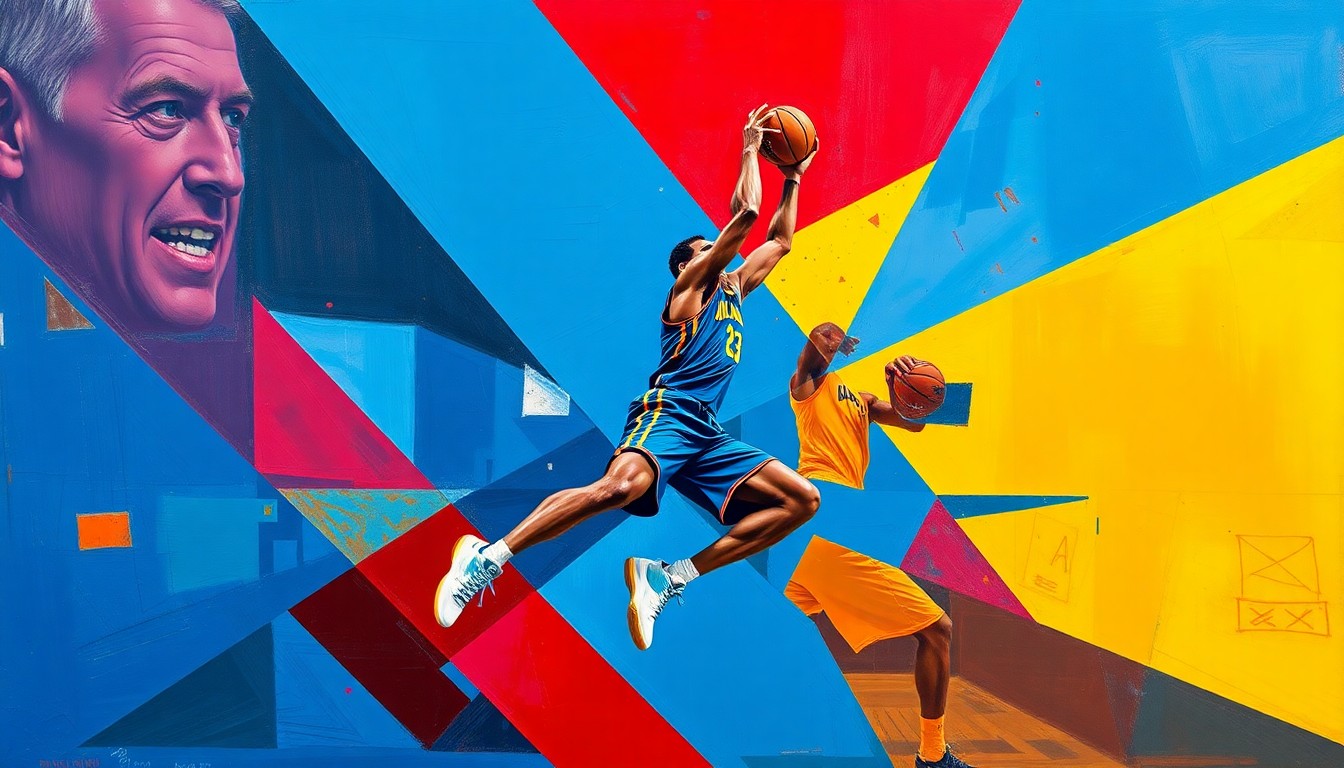 A fragmented, cubist-style painting depicting the dynamic movements of a basketball player, with sharp planes of color and form creating an abstract, conceptual representation.