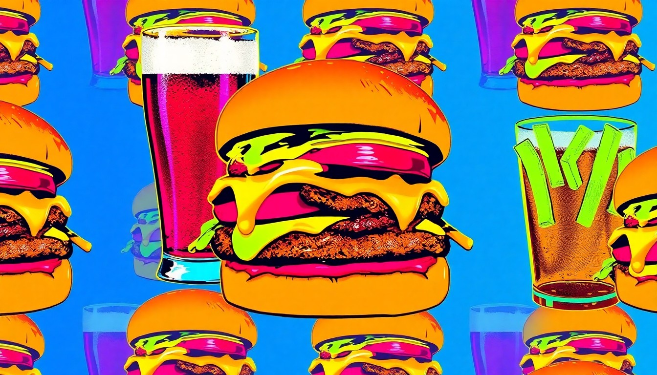 A vibrant, silkscreen-style illustration featuring a repeating pattern of a smash burger with melted cheese, fries, and a glass of beer, rendered in bold, neon-inspired colors and heavy black outlines to capture the fun, elevated vibe of The Lucky Penny.